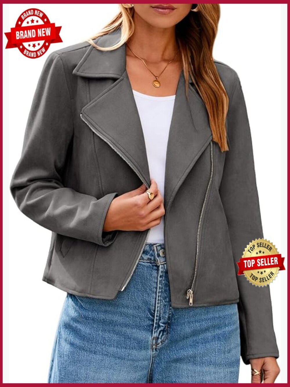 Faux Suede Cropped Moto Jacket Zip Front Long Sleeve